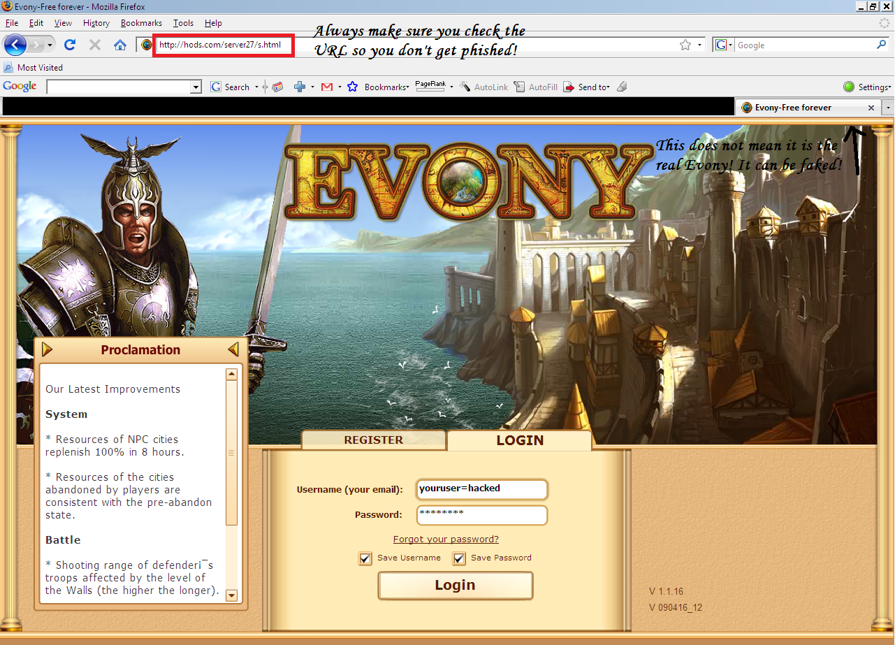 Evony Phishing Example